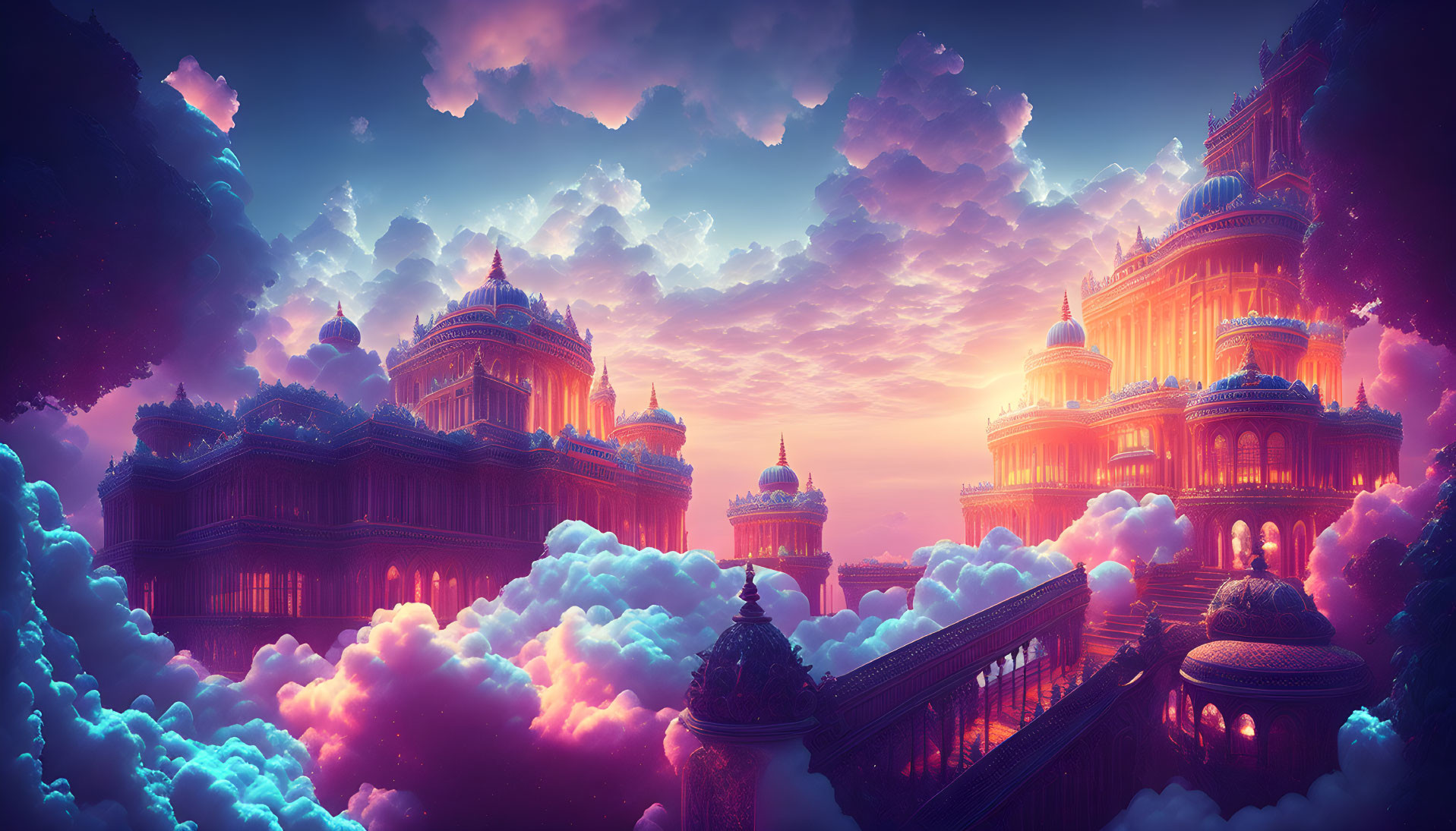 Ethereal palaces in fantasy landscape at dusk