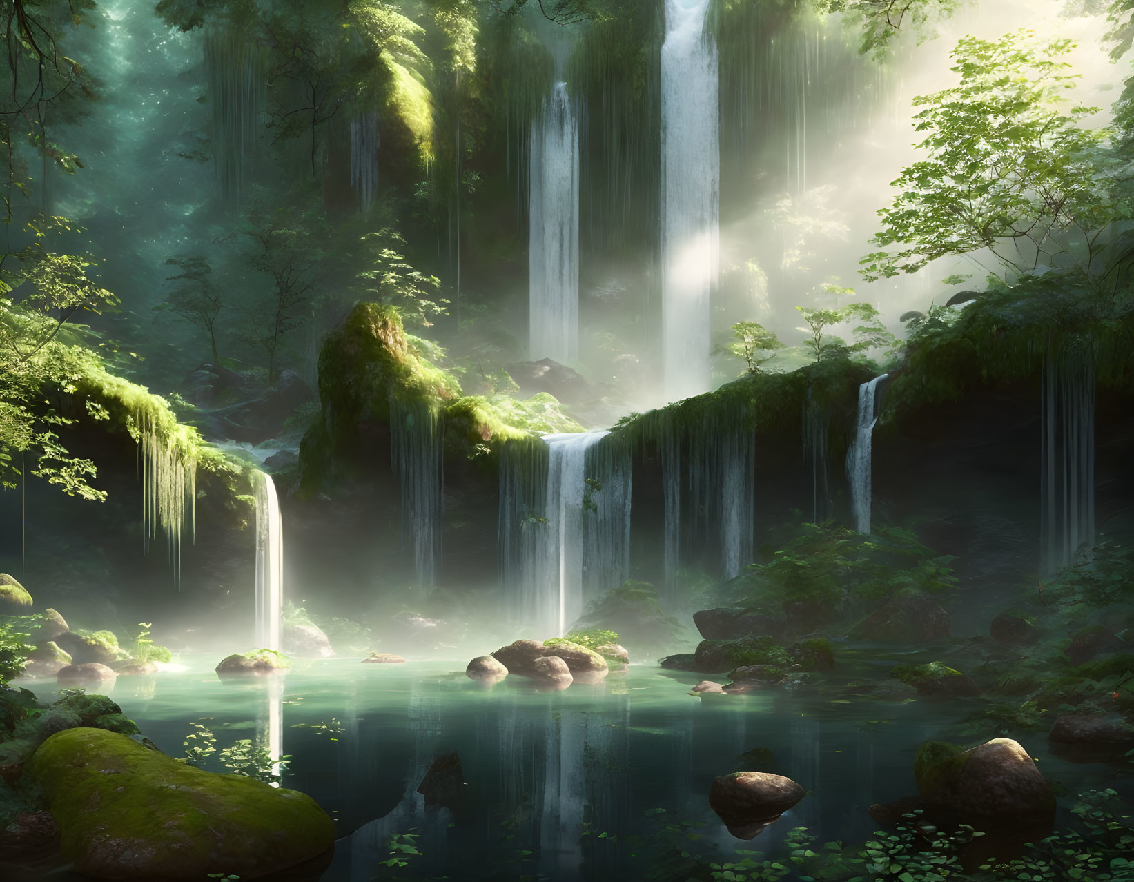 Tranquil forest scene with multiple waterfalls and serene pond