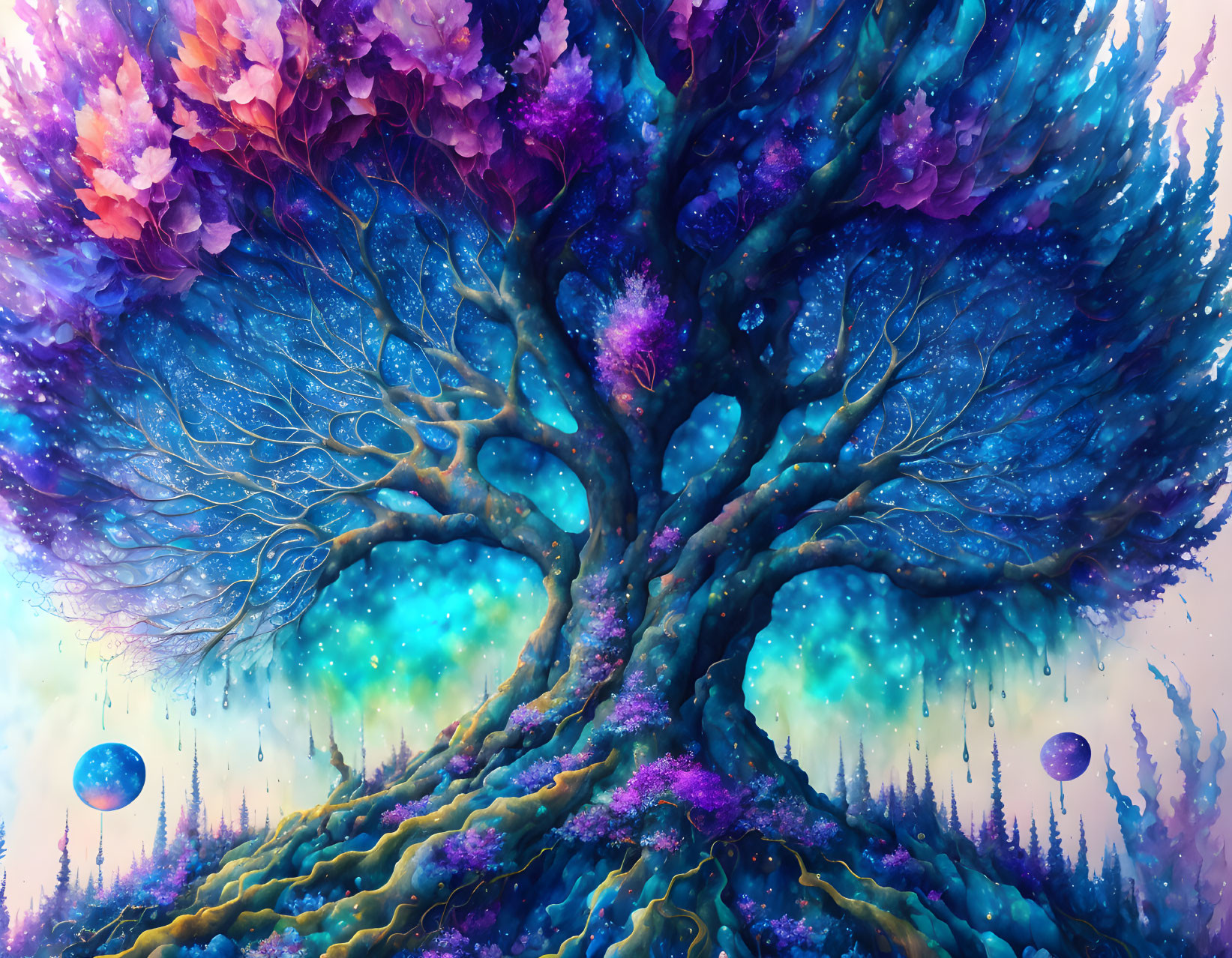 Colorful mystical tree art with floating islands on dreamy backdrop