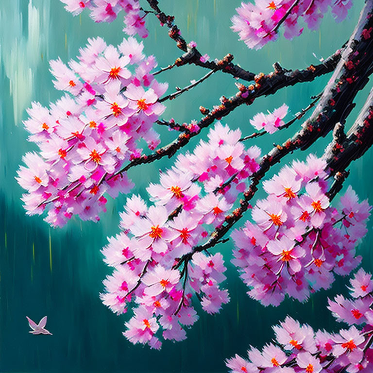 Cherry Blossoms in Full Bloom Against Turquoise Background