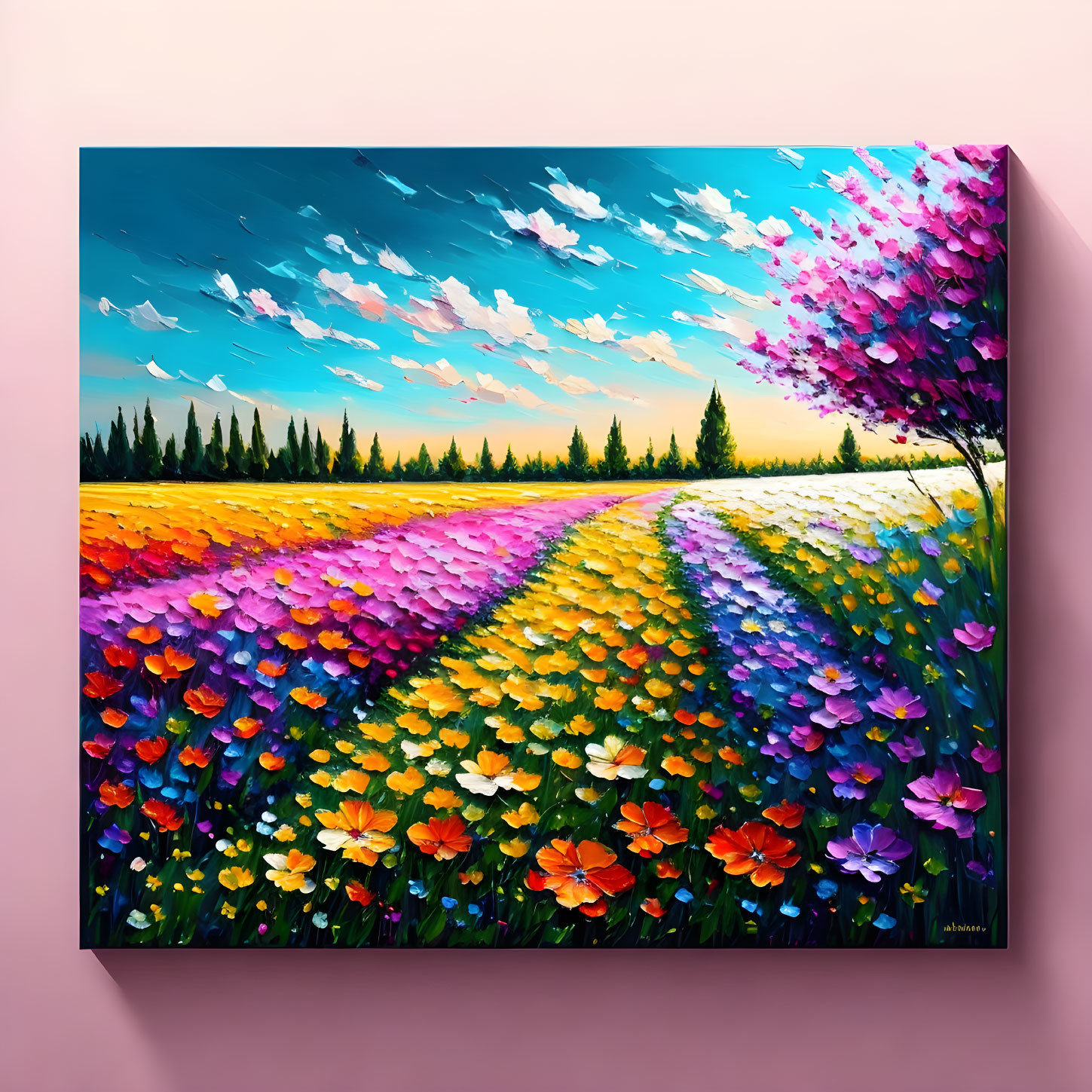 Vibrant impressionistic floral field painting on pink wall