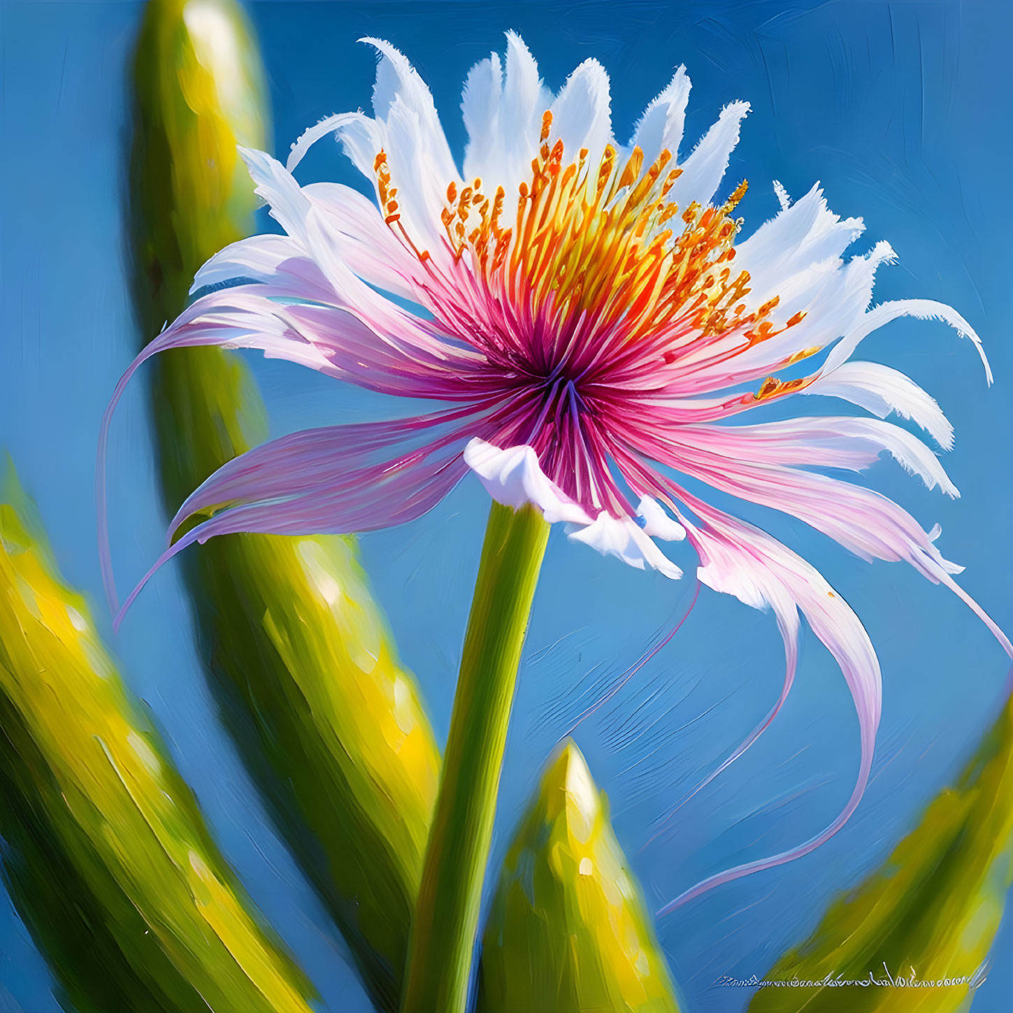 Detailed Pink Flower Digital Painting on Blue Background