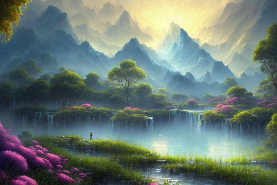 Serene landscape with misty mountains, vibrant flora, waterfalls, lakes, and figure