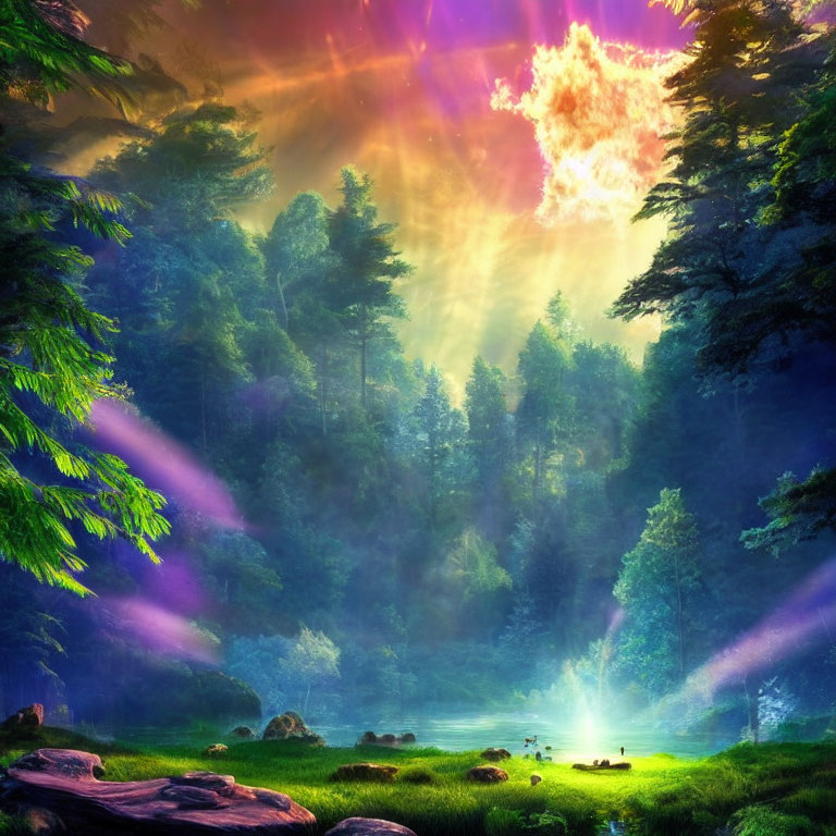 Vibrant green trees in mystical forest with sunlight, pond, and purple accents