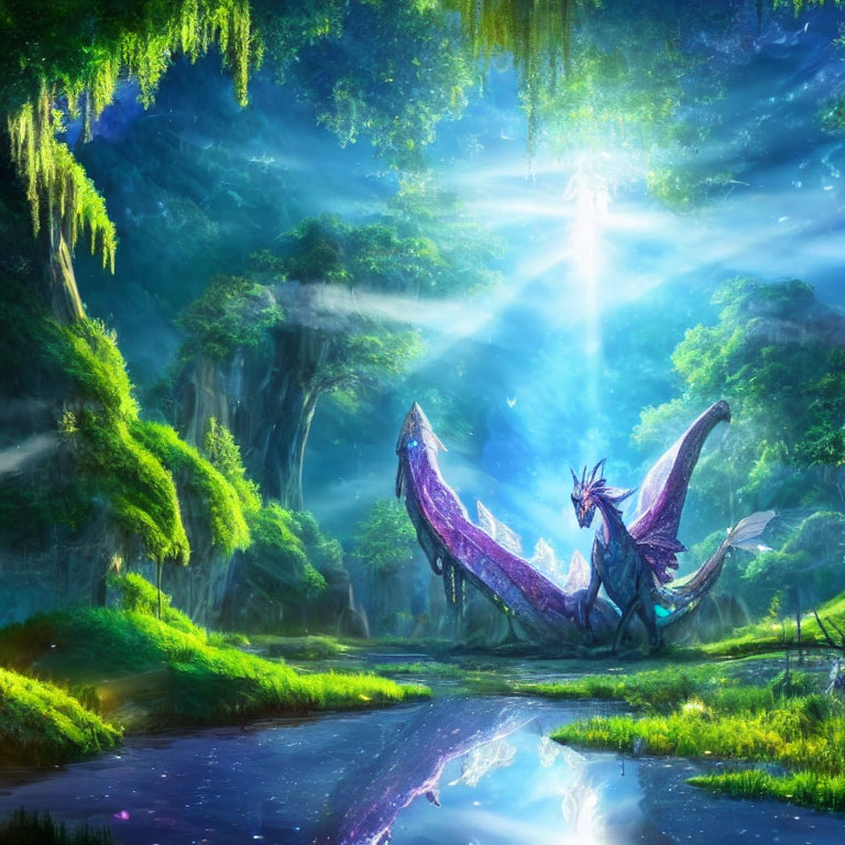 Mystical dragon in enchanted forest with luminous beams and tranquil river