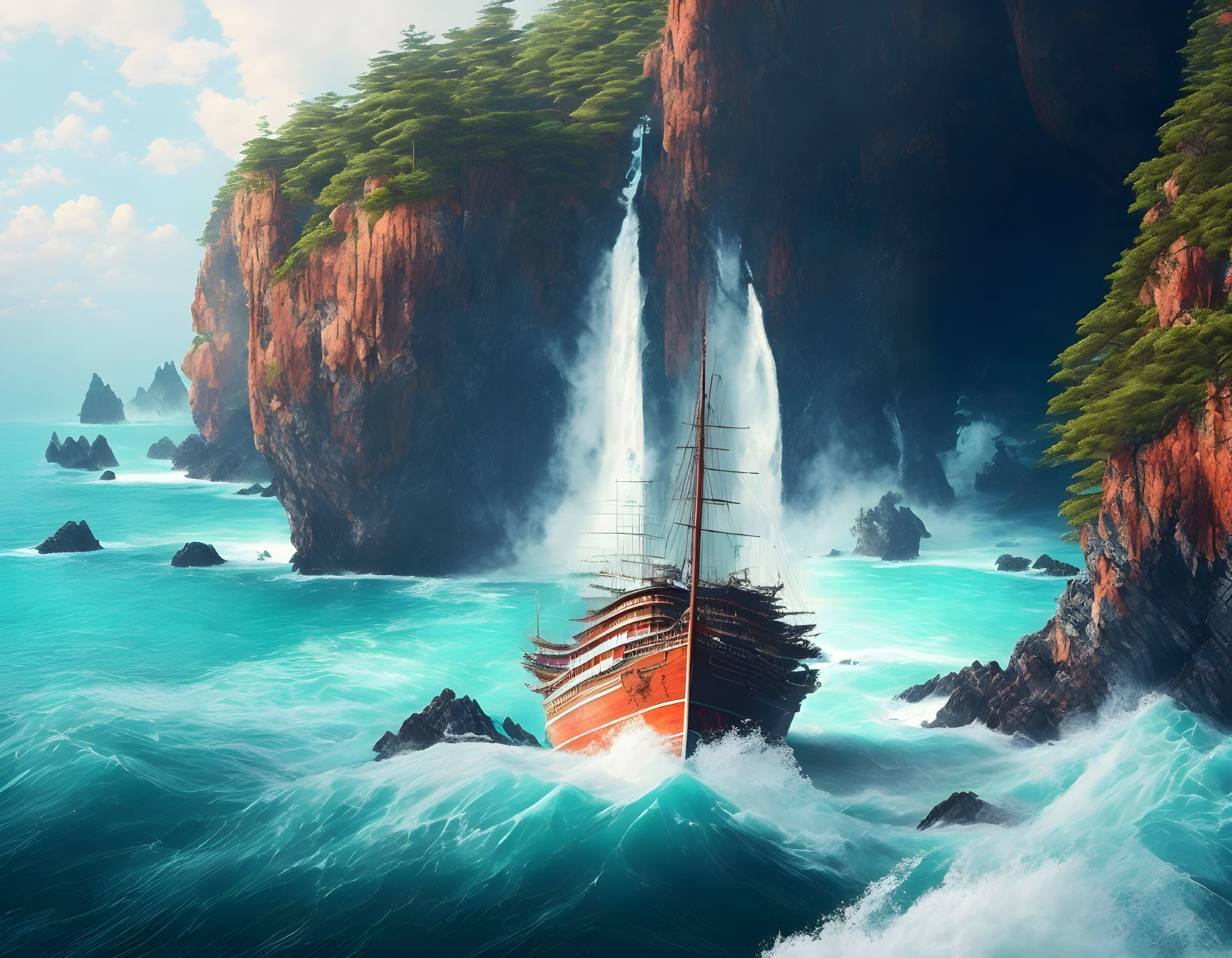 Majestic sailing ship near waterfall in turbulent seas