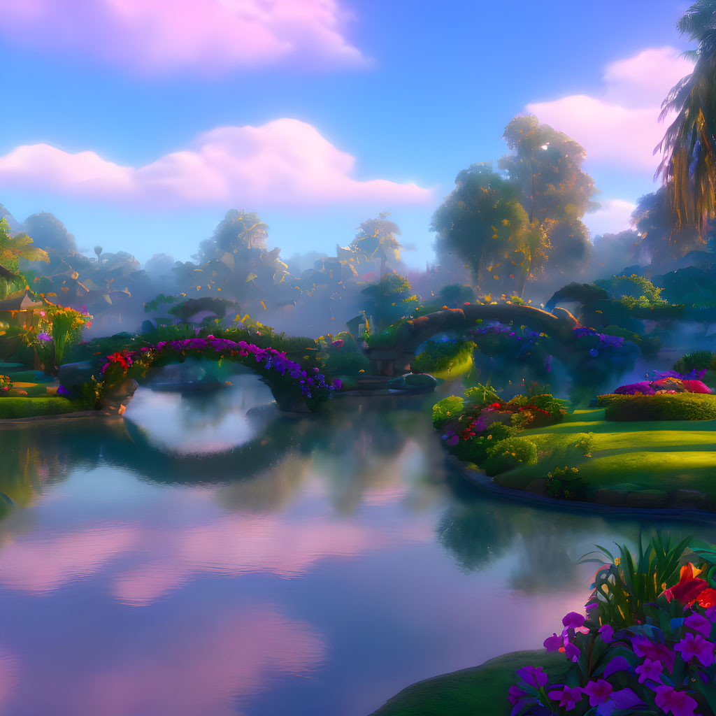 Tranquil pond with stone bridge in lush landscape