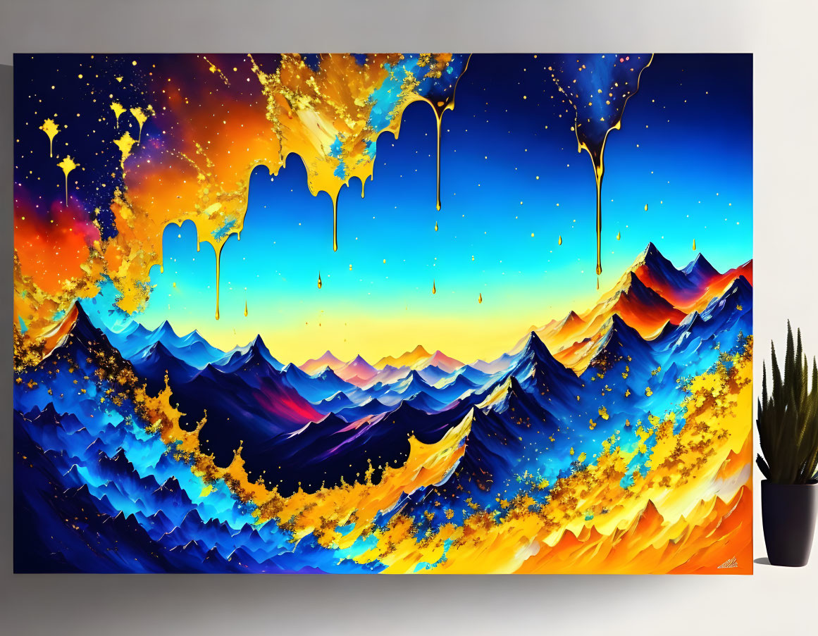 Blue Mountains Painting with Golden and Orange Sky Splashes and Potted Plant