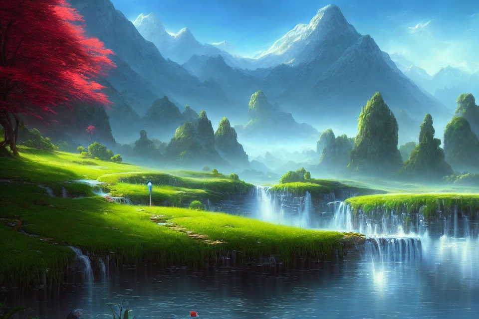 Idyllic landscape with green meadow, waterfall, red foliage, mountains, blue sky