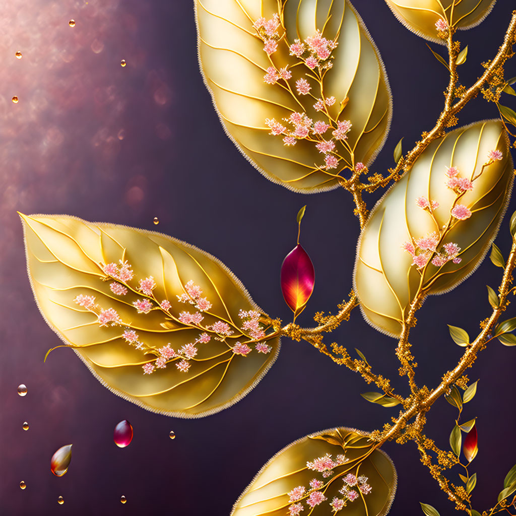 Golden Leaves and Pink Blossoms on Purple Fantasy Background