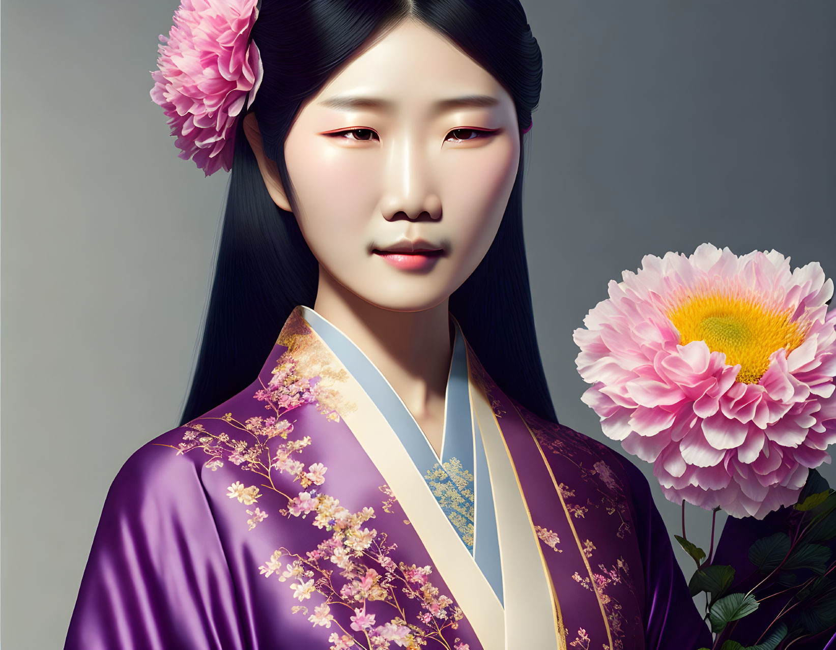 Digital painting of East Asian woman in purple kimono with pink flower in hair near large peony