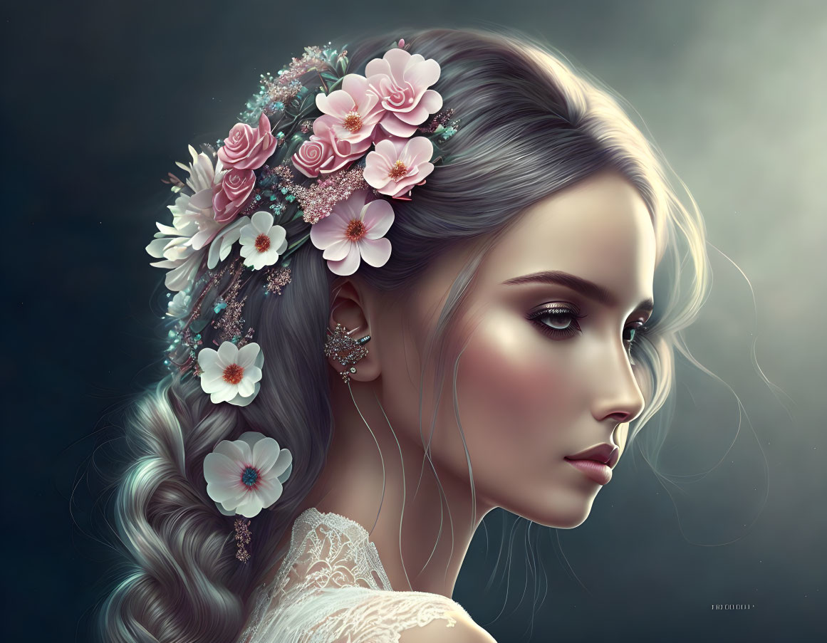 Illustration of woman with floral-adorned braid on dark background