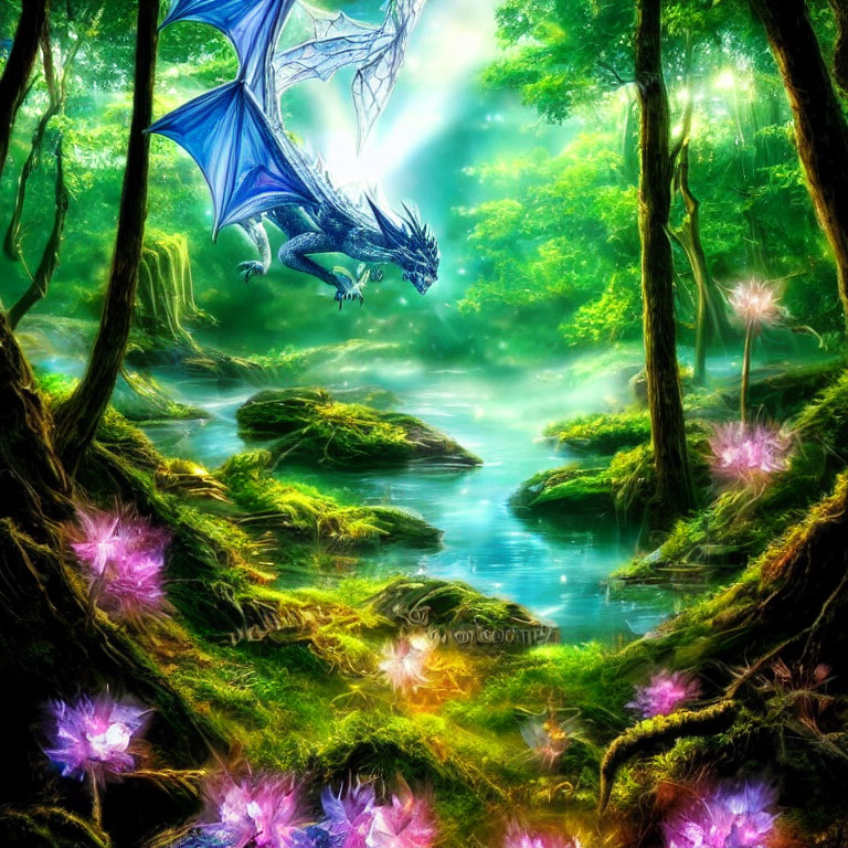 Blue-winged dragon flying over enchanting forest with pink flowers, moss-covered trees, and serene river