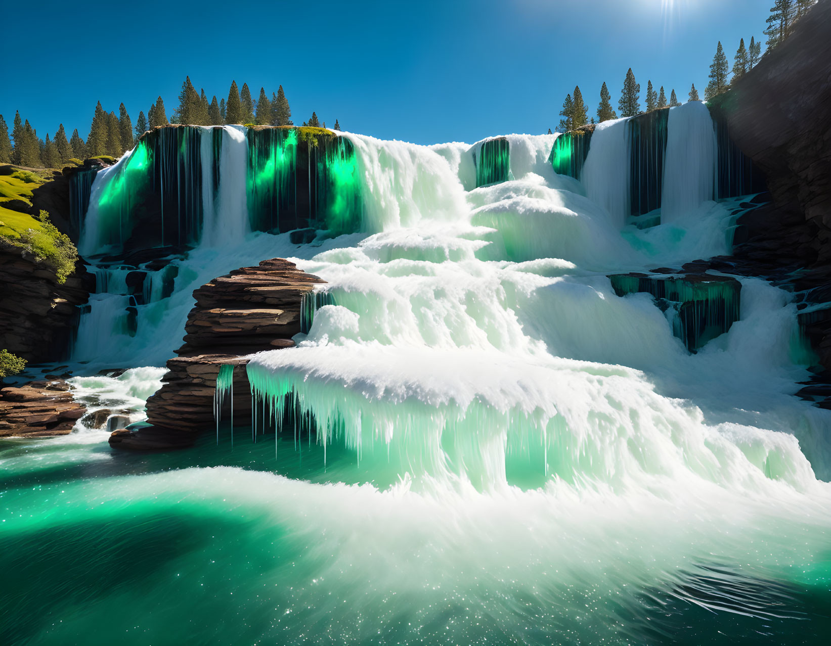 Multi-tiered waterfall with moss, turquoise pool, pine trees.