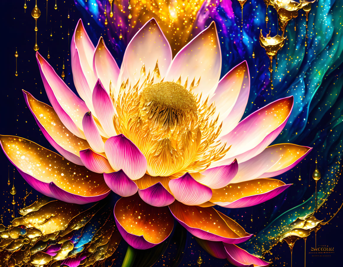 Vibrant digital artwork: Lotus flower in pink and white with gold accents on deep blue starry