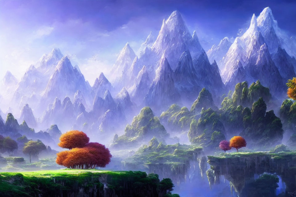 Majestic mist-covered mountains in serene fantasy landscape