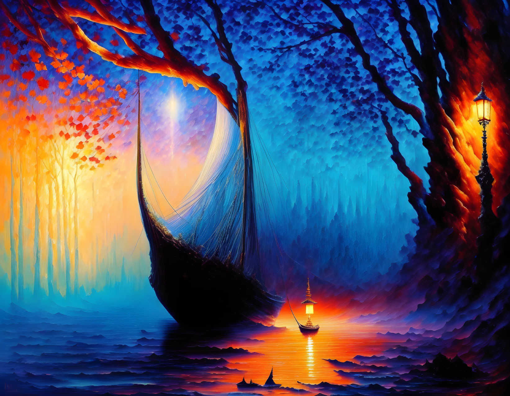 Surreal landscape digital artwork with boat on fiery waterway