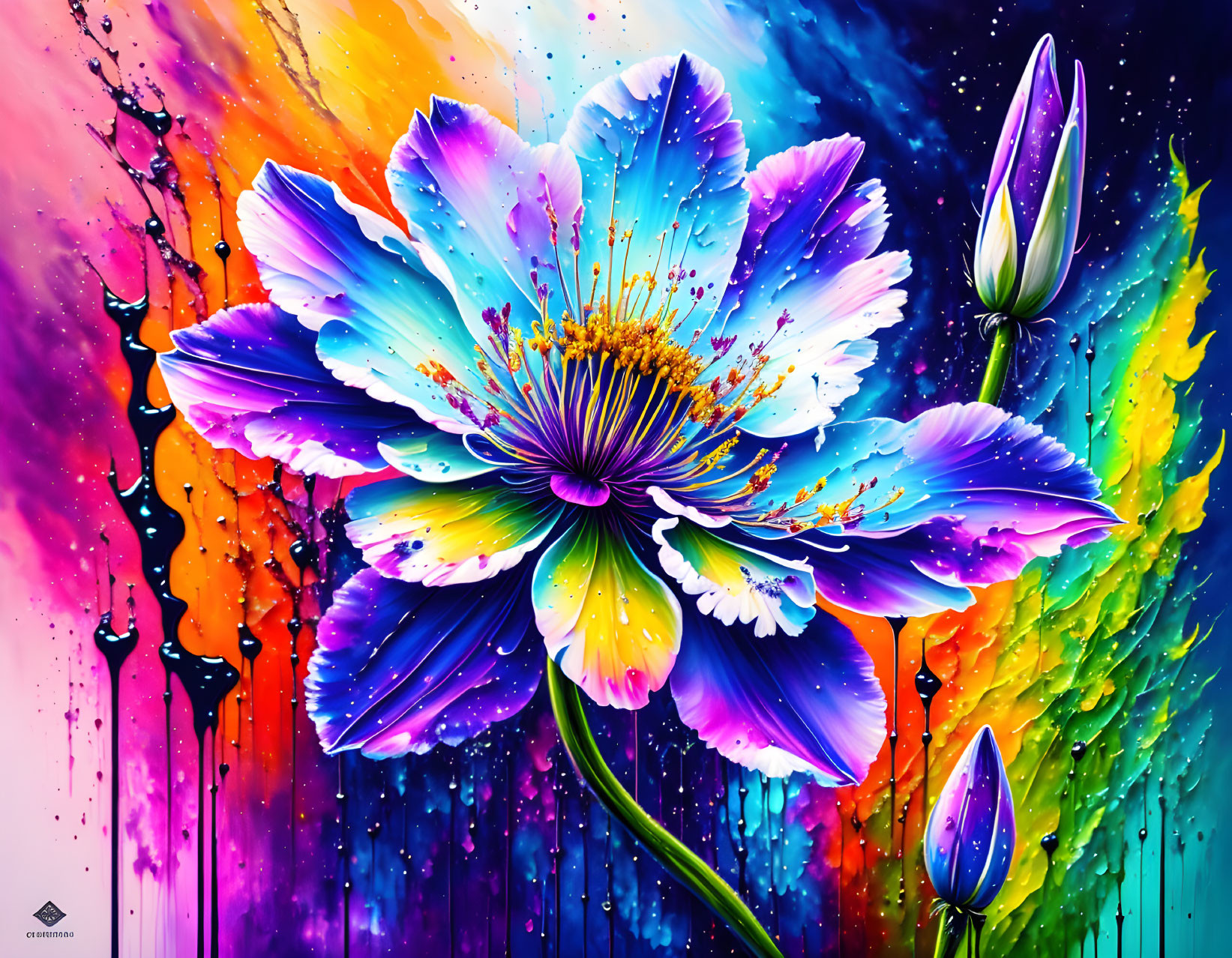 Colorful painting of blue flower with multicolored petals on drip-style background