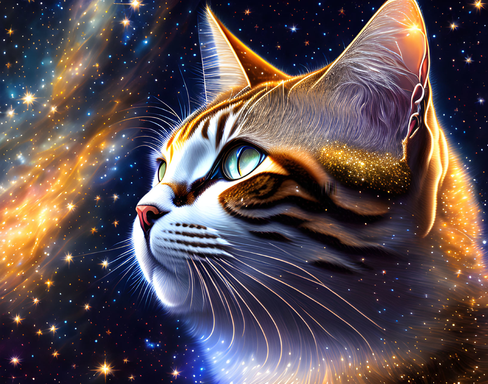 Majestic cat digital artwork with cosmic background