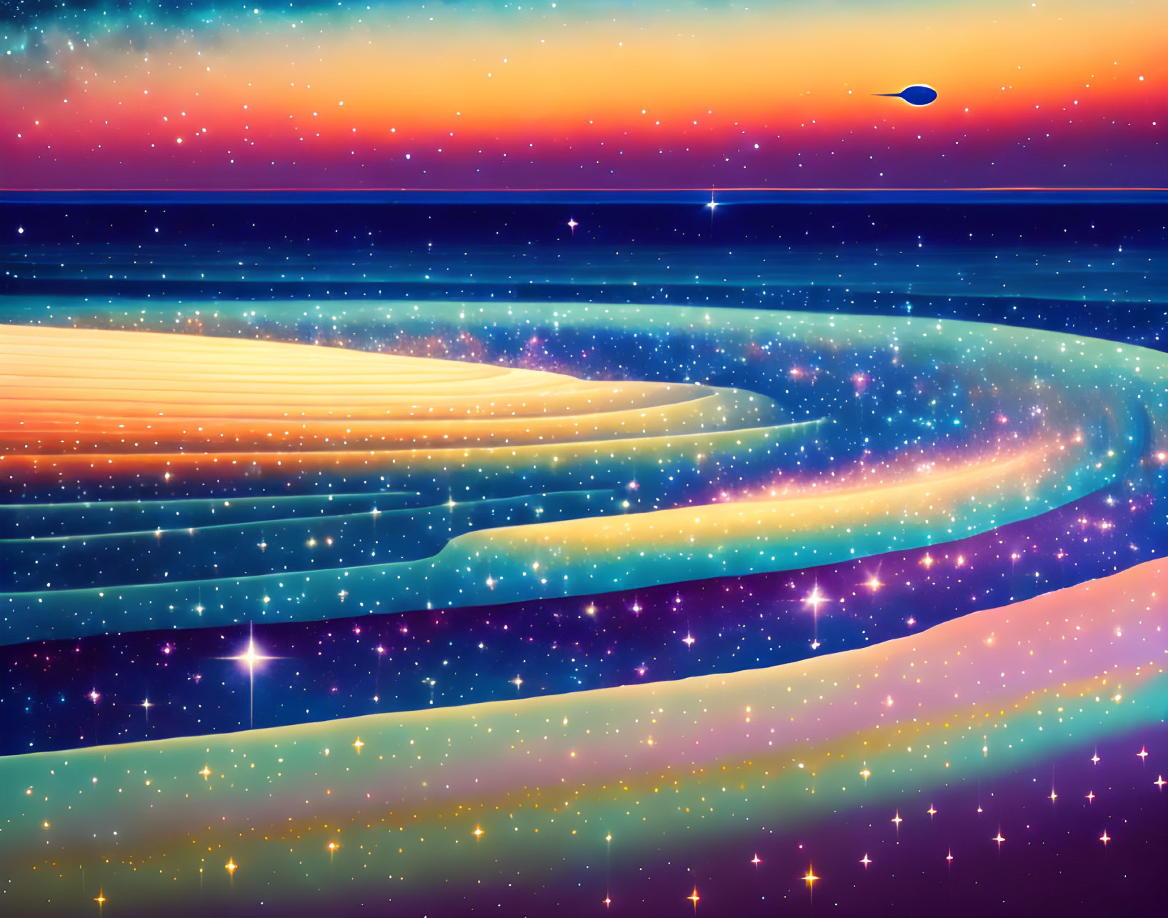 Colorful Saturn-like planet with rings in starry space, comet, and nebula.