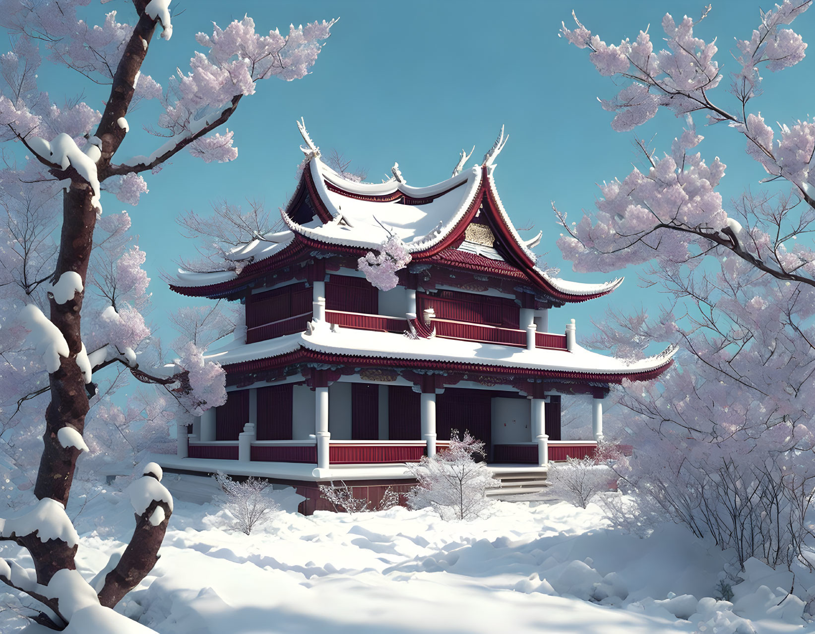 Traditional Asian-style building with red facade and curved roofs in snowy cherry blossoms.