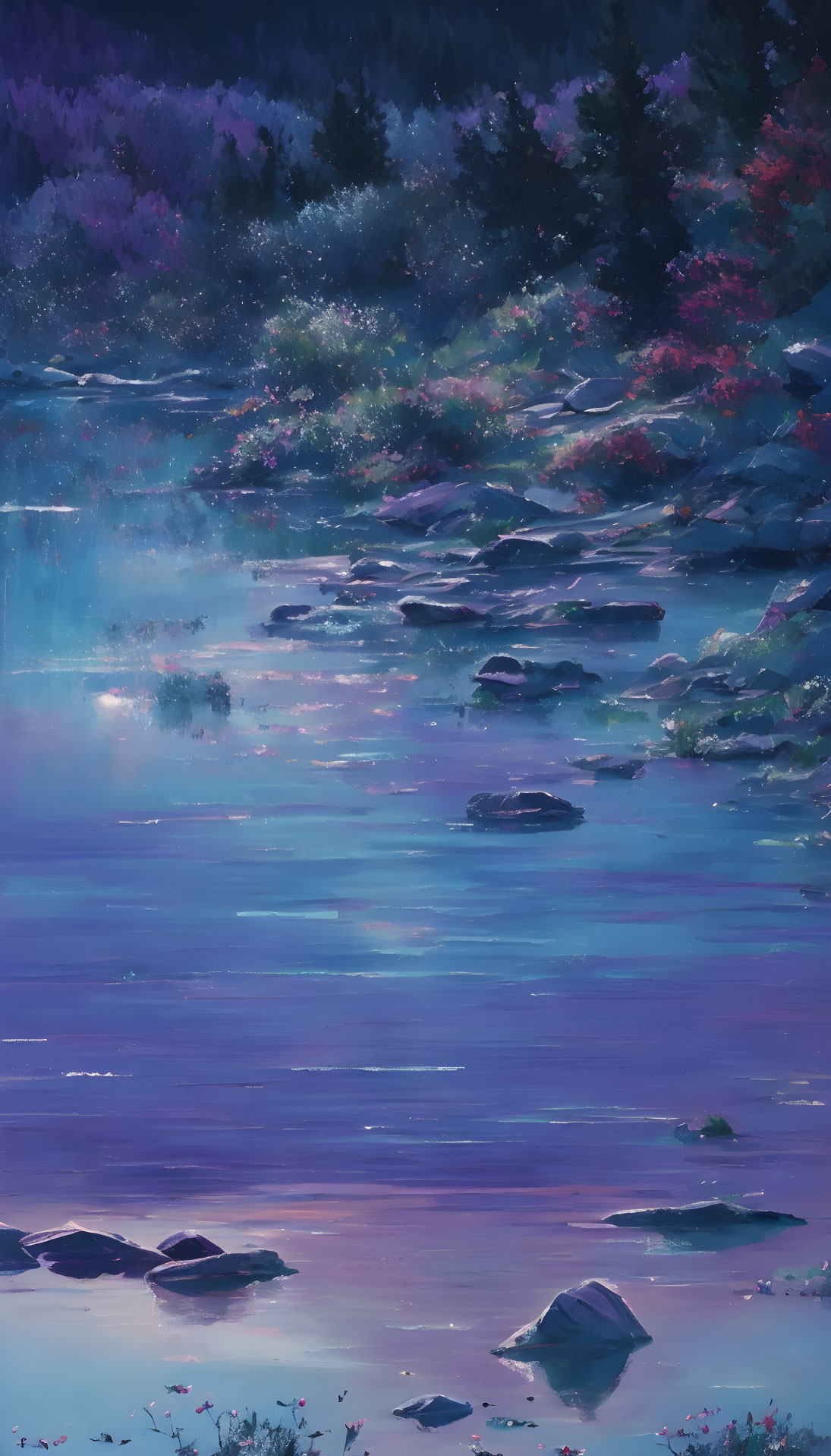 Tranquil twilight landscape with purple river, rocks, and blossoming trees.