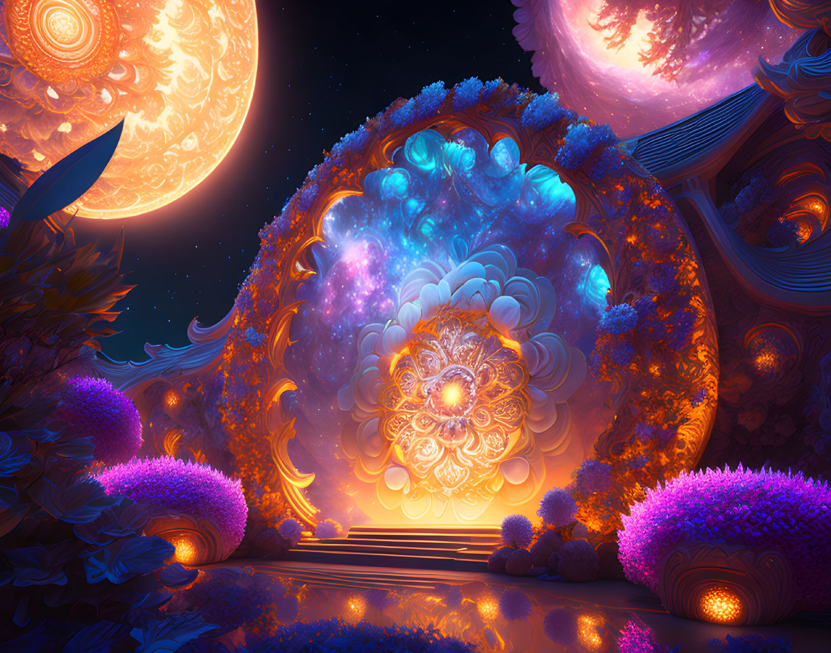 Fantasy night landscape with glowing flora and cosmic orbs