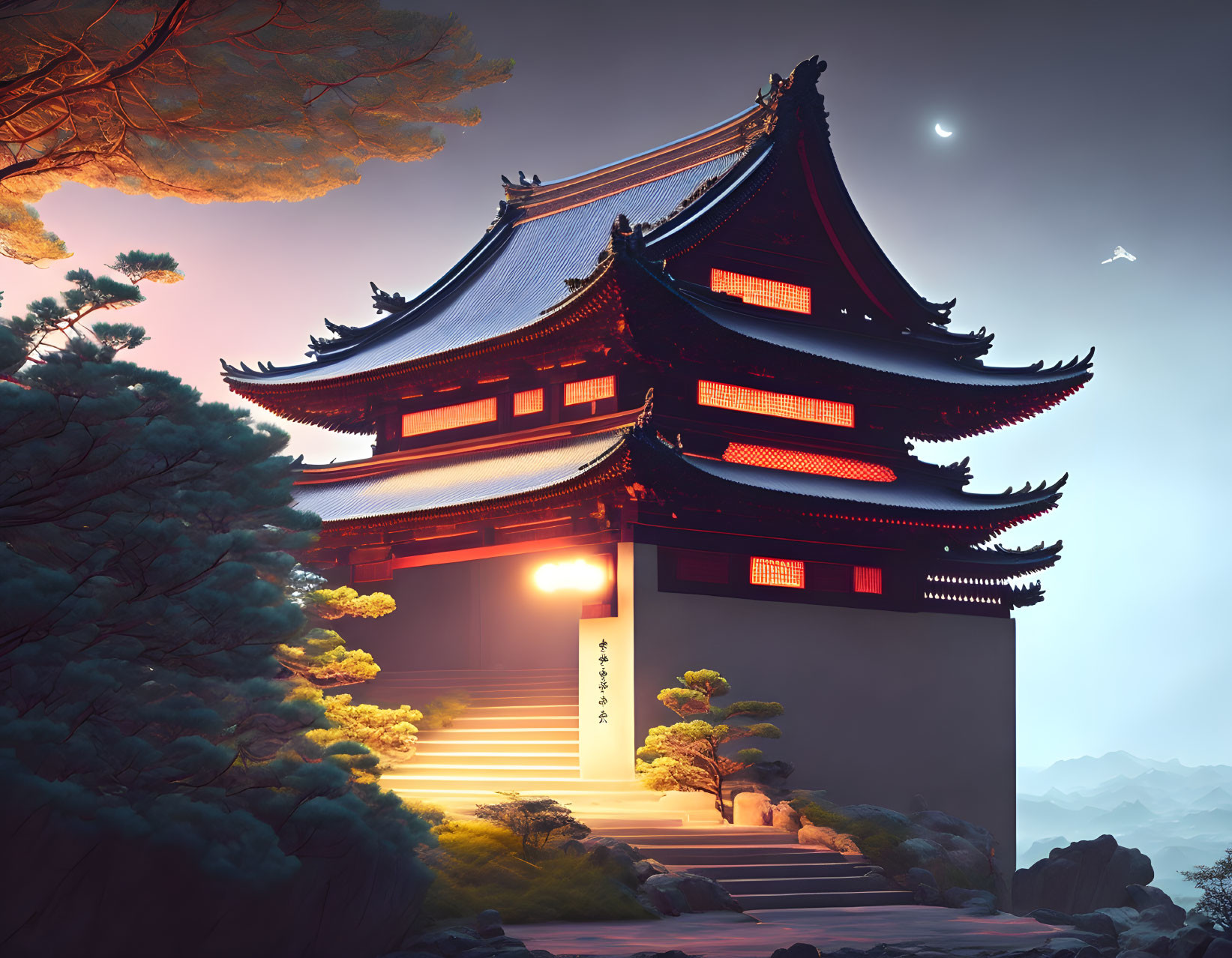 Japanese Temple with Tiered Roofs at Sunset and Crescent Moon