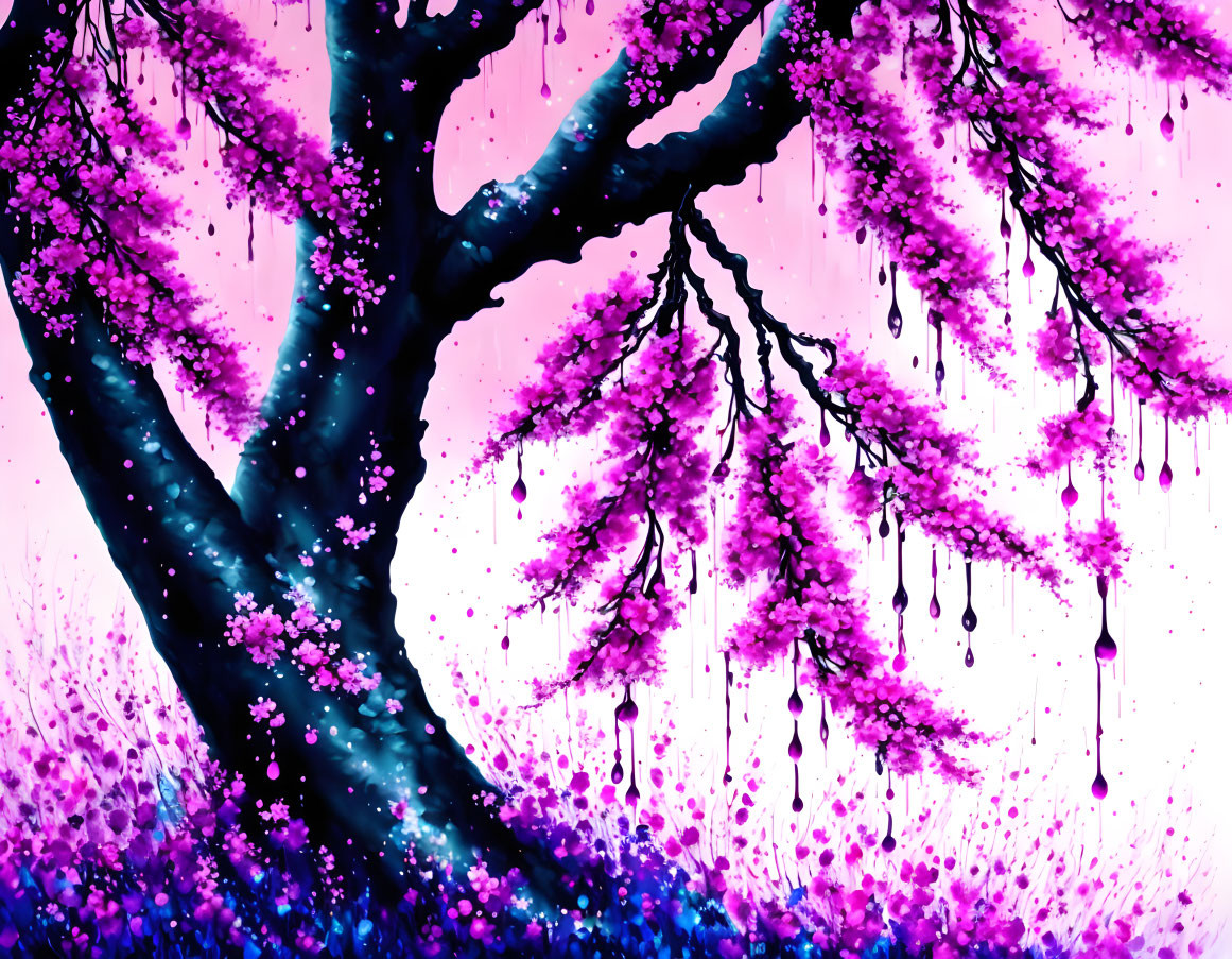 Colorful Tree Painting with Purple and Pink Foliage on Magenta Background