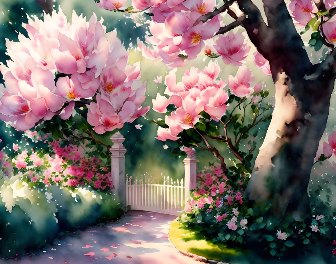 Pink magnolia trees lining a garden pathway to a white picket gate in sunlight