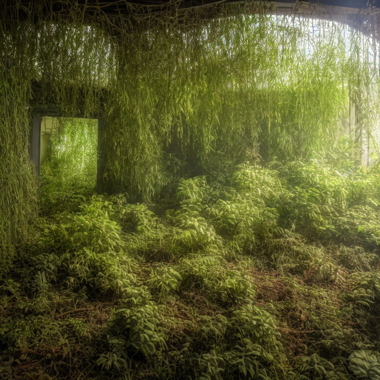 Lush Greenery Overgrown Room with Sunlight Filtered Through Foliage