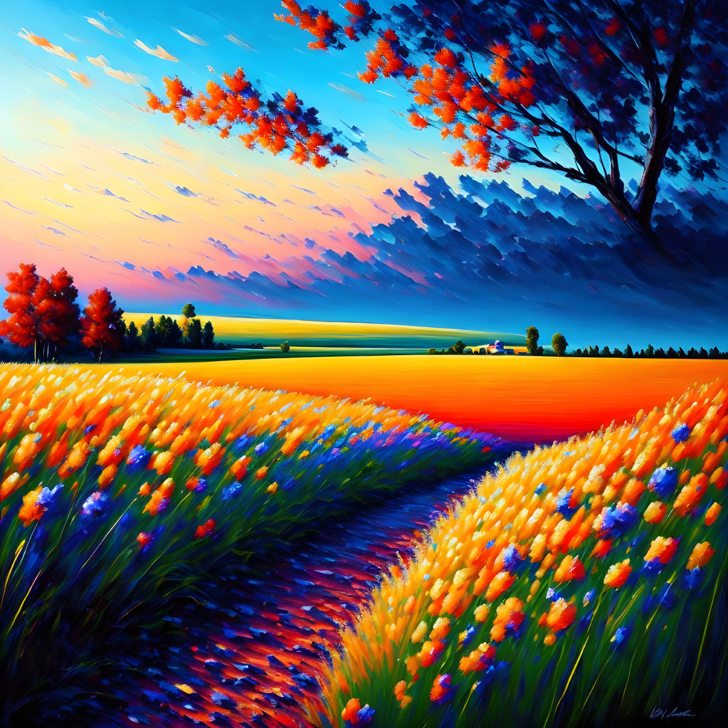 Colorful landscape painting with vibrant sky, lush trees, winding path, and flower fields.