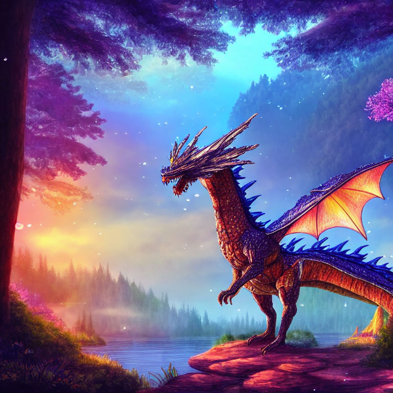 Majestic dragon by misty lake at twilight with vibrant sky and lush forest