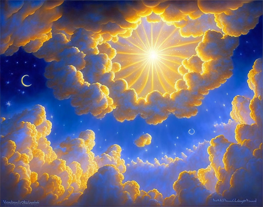 Sunburst shining through golden clouds in blue sky with moon and stars.