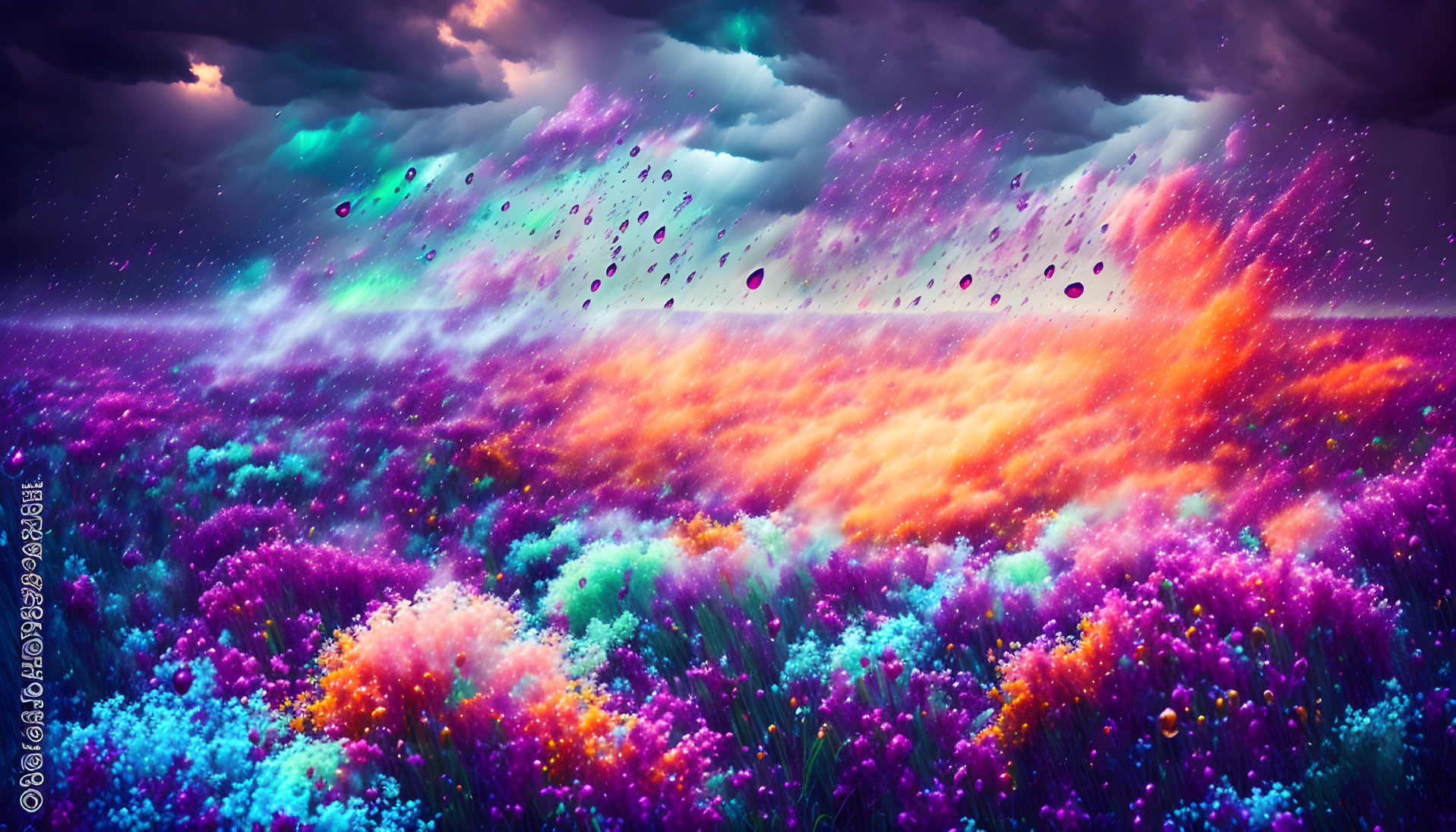 Colorful Flower Field Digital Artwork: Purple and Orange Stormy Sky