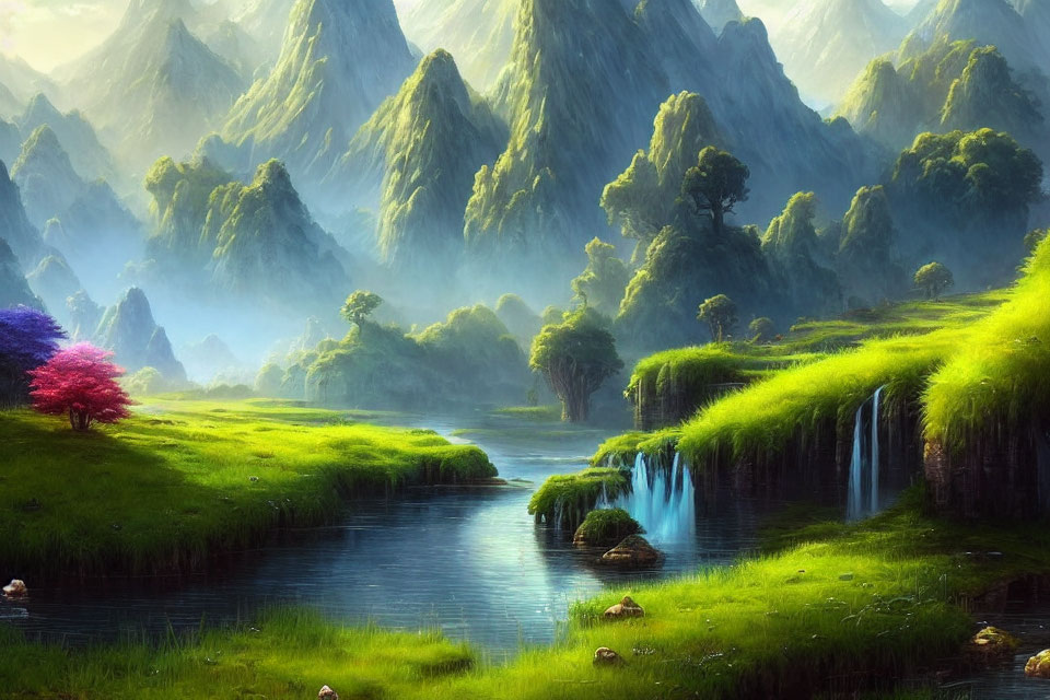 Colorful fantasy landscape with pink tree, waterfalls, river, and mountains