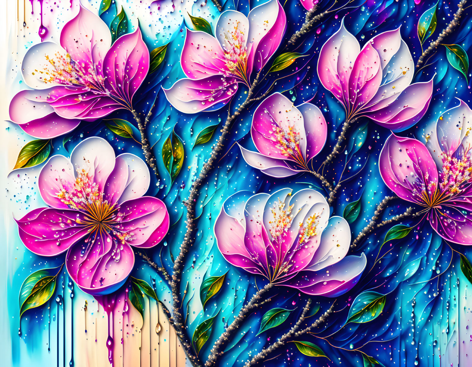 Colorful cherry blossom illustration on blue background