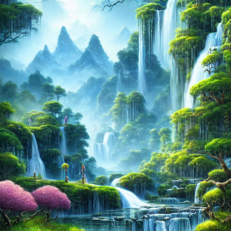 Serene fantasy landscape with waterfalls, greenery, mountains, and pink trees