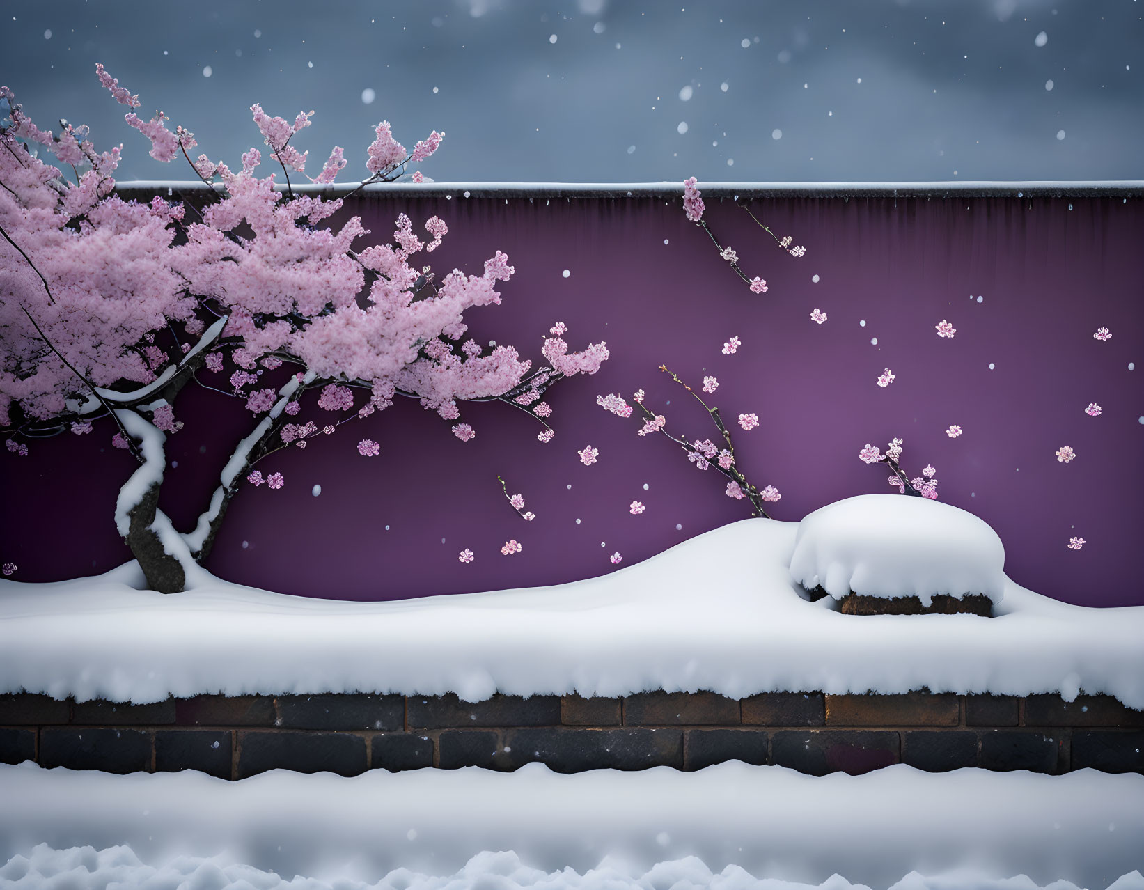 Pink cherry blossom tree over snow-covered fence in purple backdrop