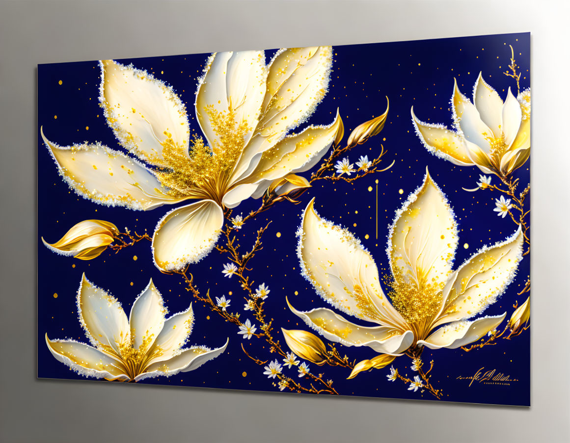 Golden-White Flowers Abstract Art on Dark Blue Canvas