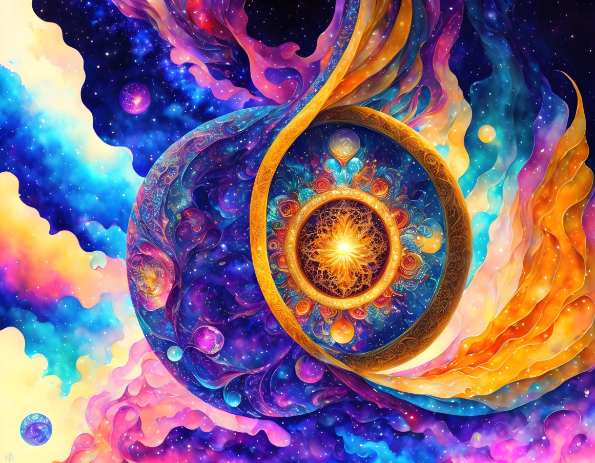 Colorful cosmic digital artwork with swirling patterns and celestial bodies.