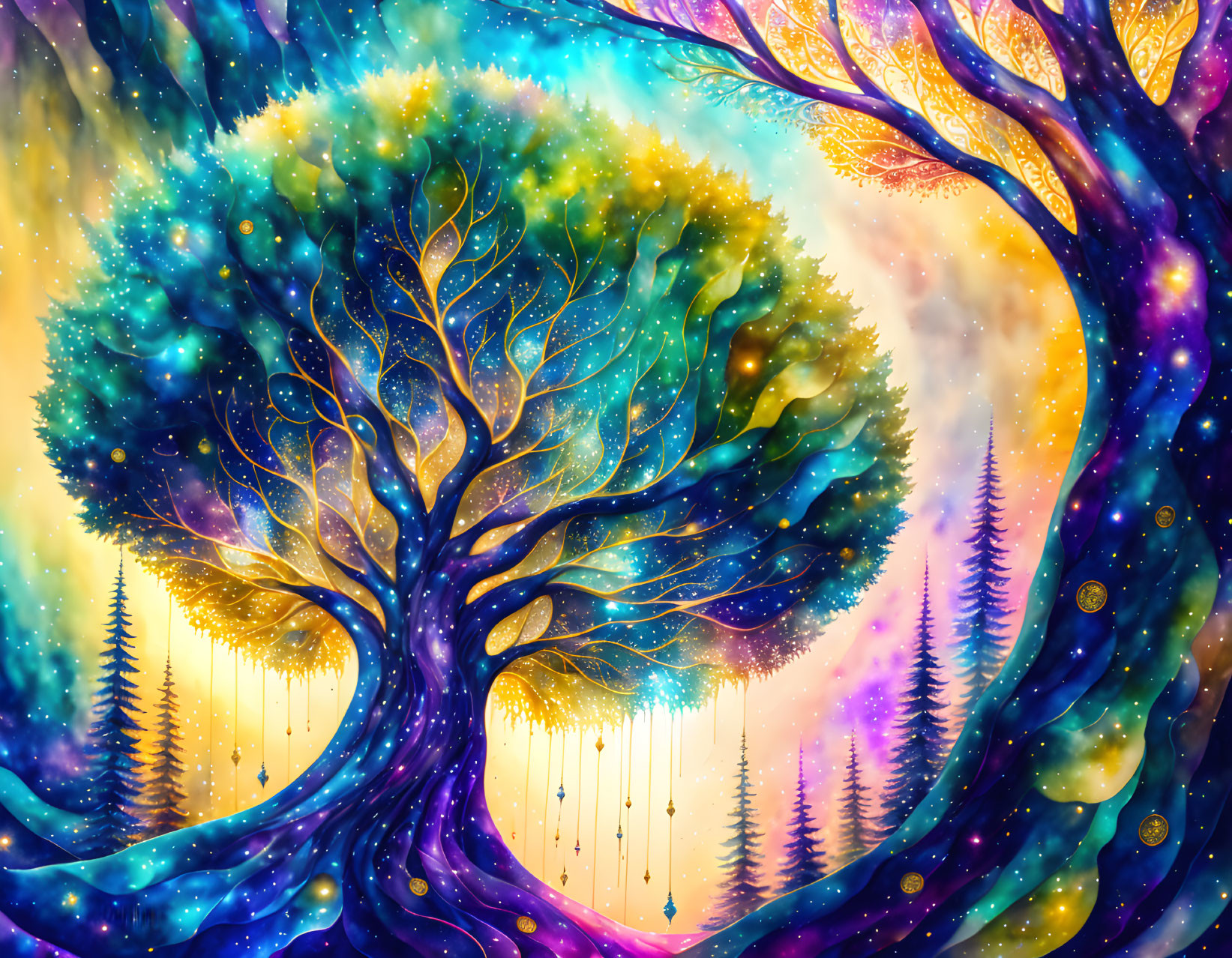 Colorful fantasy landscape with whimsical trees in magical forest