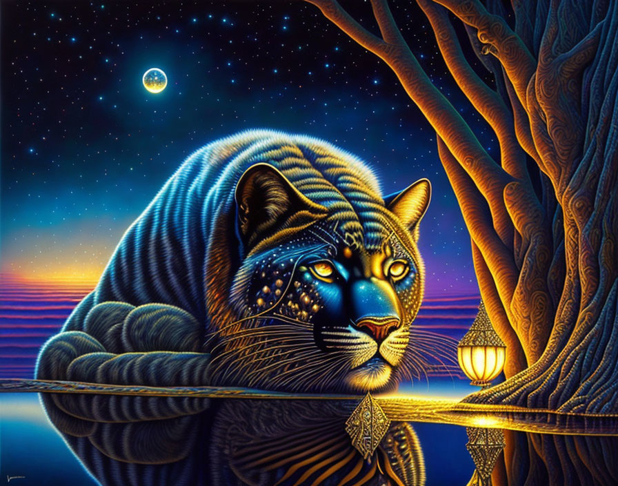 Majestic cosmic tiger resting under twisted tree by serene sea