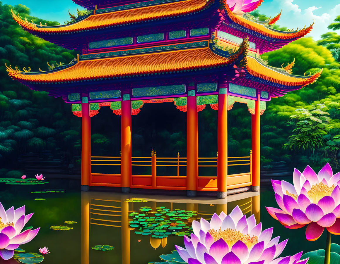 Traditional Asian Pavilion Illustration with Lotus Pond