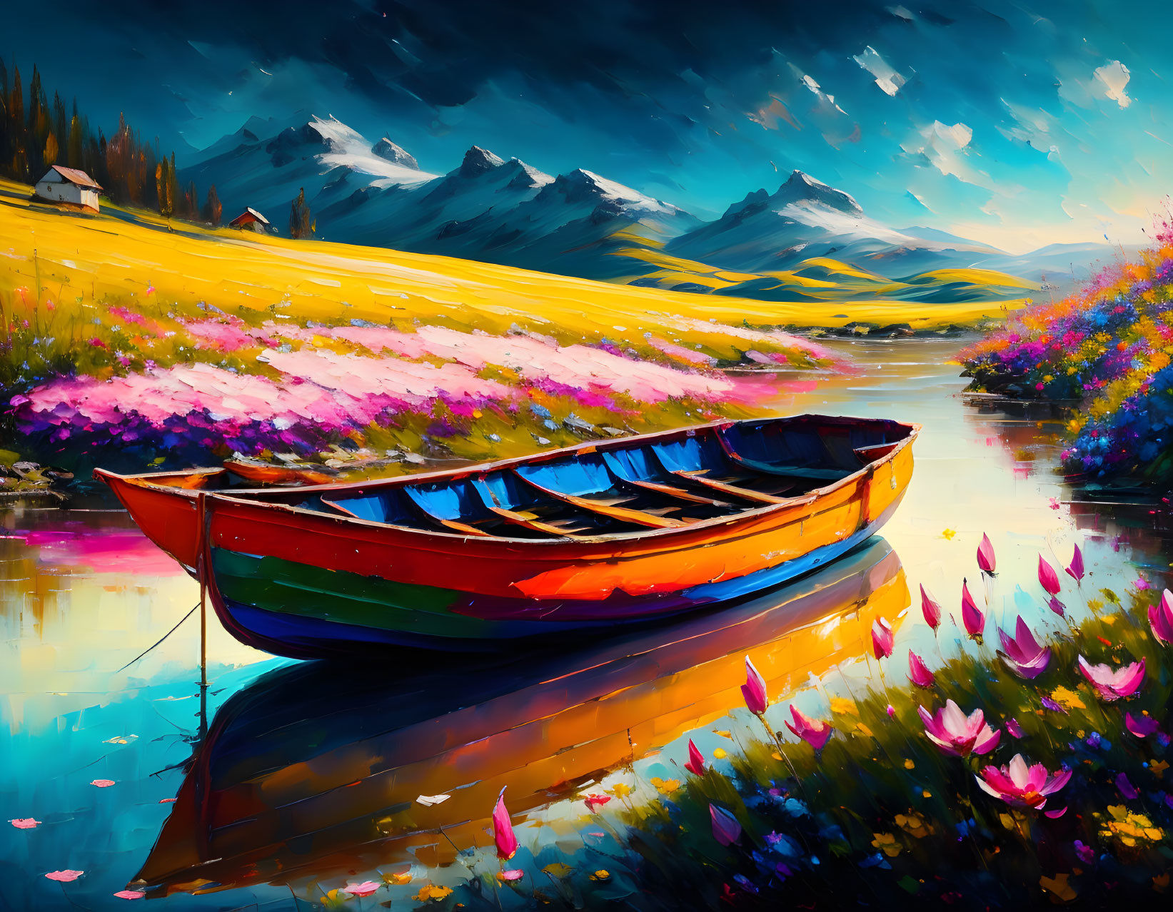 Colorful Boat on Tranquil River with Flowers and Mountains