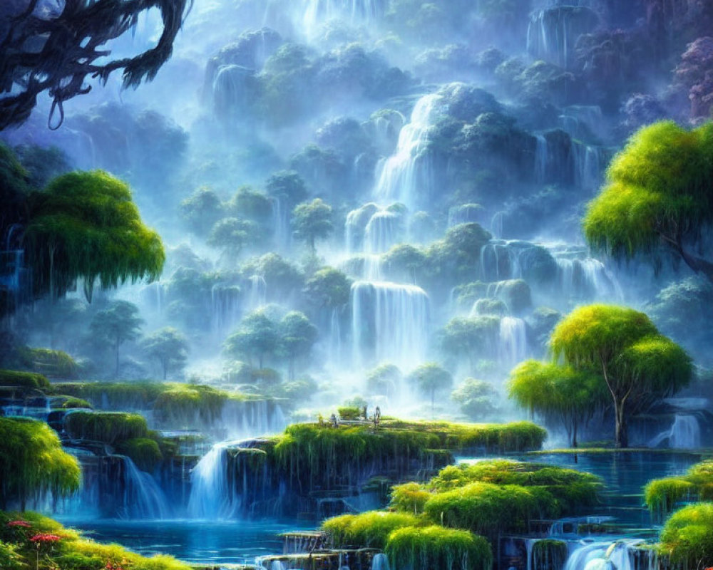 Landscape with Cascading Waterfalls and Mystical Mist