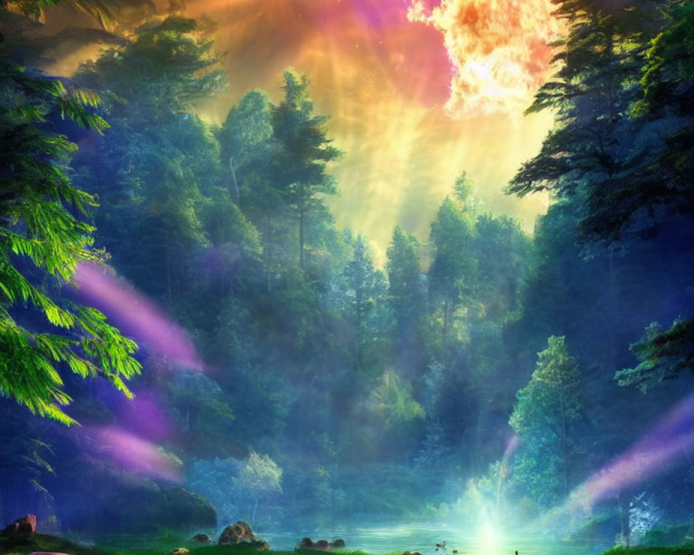 Vibrant green trees in mystical forest with sunlight, pond, and purple accents