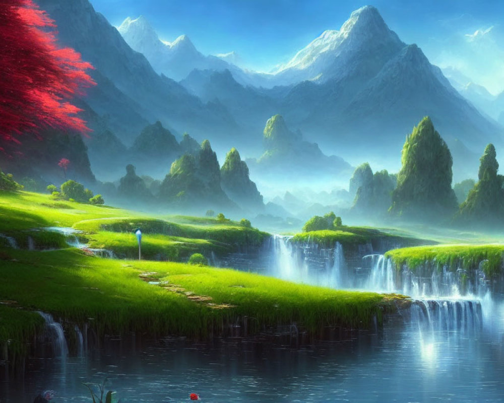 Idyllic landscape with green meadow, waterfall, red foliage, mountains, blue sky