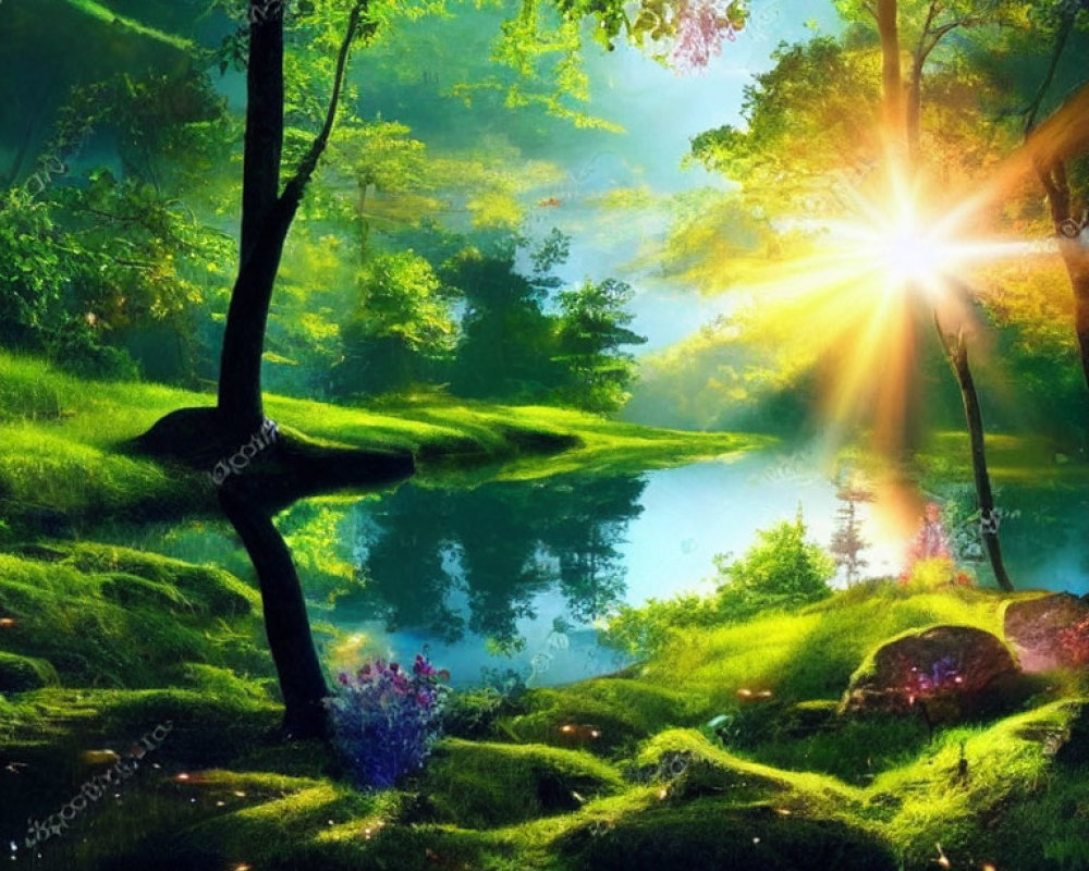 Serene forest landscape with greenery, sunlight, pond, and colorful flowers