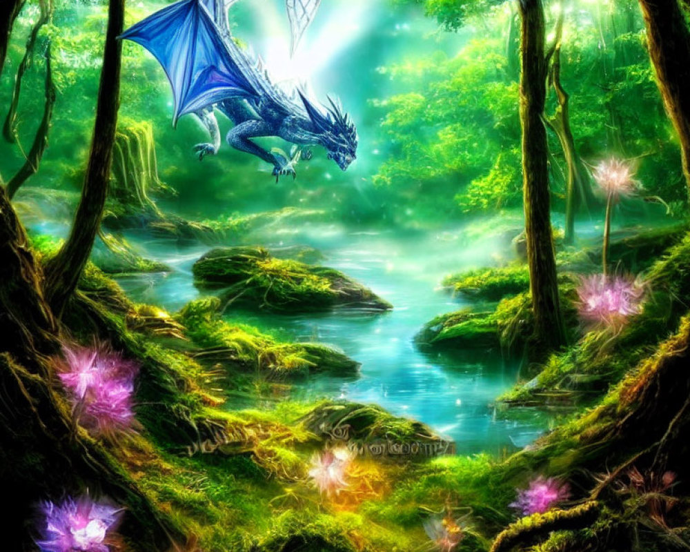 Blue-winged dragon flying over enchanting forest with pink flowers, moss-covered trees, and serene river